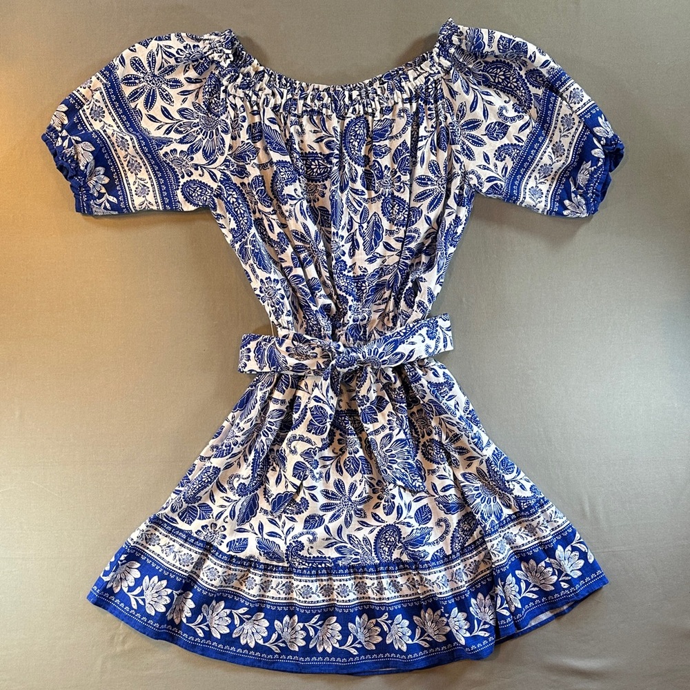 LOFT Off Shoulder Dress Blue White Floral Tie Waist Size Medium
